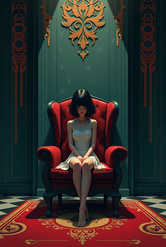 digital art of girl sitting on chair,dark deco style,cell shading,anime color
