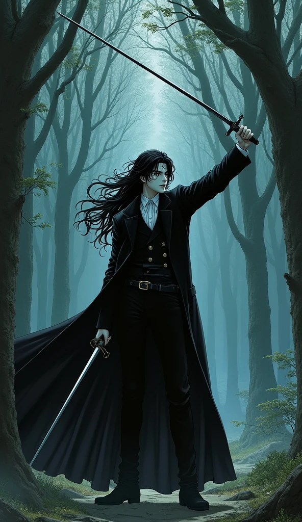 Full-body illustration of "Vampire Hunter D" by Yoshitaka Amano. The male character D is dressed in all black, wearing a European aristocratic-style white shirt under a long black coat. His neat face and white skin are framed by flowing black hair, and he wields a thin long sword. D is captured in the moment where he raises his sword high with one hand, preparing to strike. The background is a mystical forest, where ancient trees loom around him, and faint rays of light break through the dense canopy. The scene is vividly captured by the EOS 5D digital SLR camera, highlighting D's sharp concentration and the fluid motion of his sword.