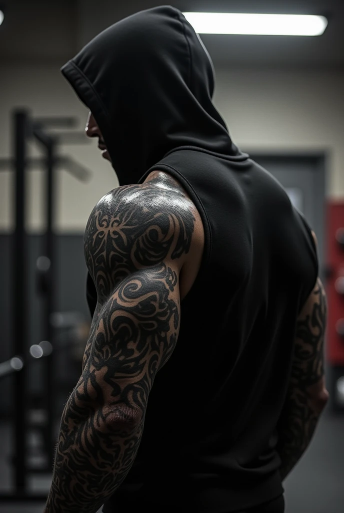 A gym bodybuilder in hoodie out line with black colour for tattoo design 
