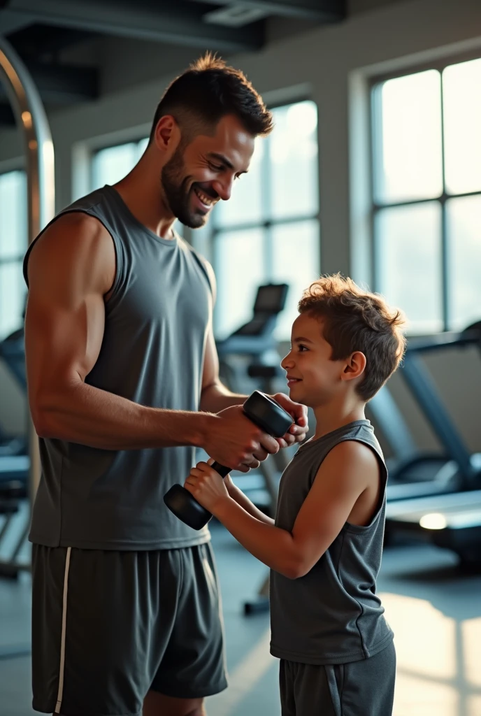 A realistic, high-quality advertising image featuring a father and his young son in a modern gym. The father, a strong and athletic man in his 30s, is teaching his approximately 6-year-old son how to correctly lift a small dumbbell. The scene is illuminated with natural light streaming through large windows, reflecting off the gym equipment around them. The father is wearing a sleeveless shirt and shorts, while the son is dressed in similar athletic wear in a child’s size. Both are smiling, conveying a sense of connection and the importance of starting exercise from a young age. In the background, there are other gym equipment like treadmills and machines, but the main focus is on the interaction between the father and son.