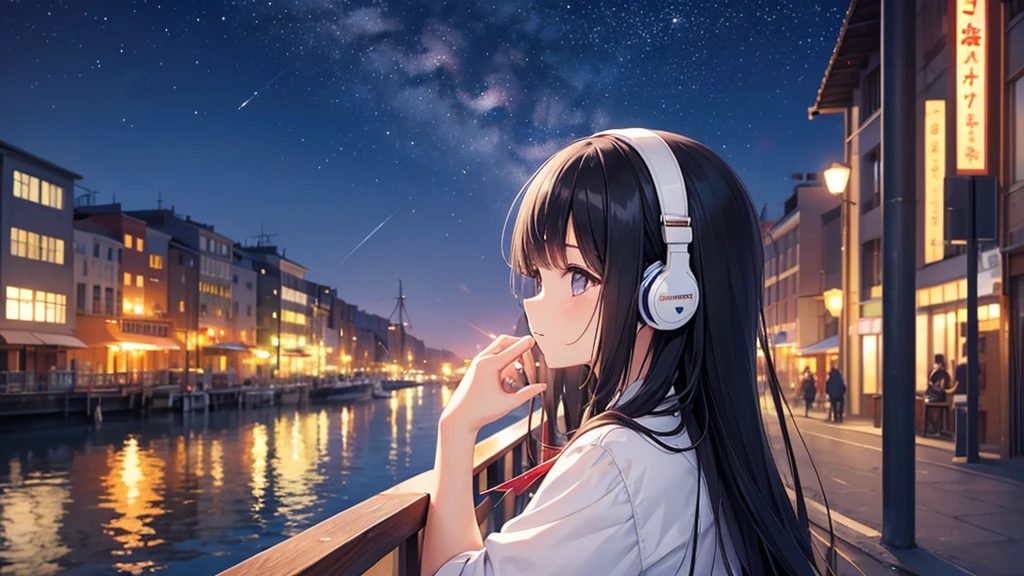 Enjoy boat racing at Suminoe Boat Races。A young girl with black hair wearing stylish clothes and headphones labeled "lo-fi" The girl is shown in profile, gazing into the distance with a calm, relaxed expression Background depicts the iconic scenery of Namba, Osaka at night, without any text on signs A starry night sky adding to the peaceful atmosphere Overall mood is quiet and serene, perfect for lo-fi music Detailed hair rendering and careful attention to the girl's fashionable outfit The entire scene should evoke a relaxing, introspective feeling associated with lo-fi music