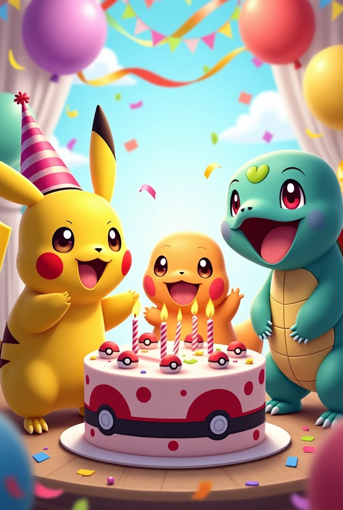 *"A festive Pokémon birthday celebration scene featuring popular Pokémon characters like Pikachu, Charmander, Bulbasaur, and Squirtle gathered around a birthday cake with candles. The background is decorated with colorful balloons, streamers, and confetti, creating a joyful and vibrant atmosphere. The cake is adorned with Poké Ball decorations and the Pokémon are smiling and enjoying the celebration."*

