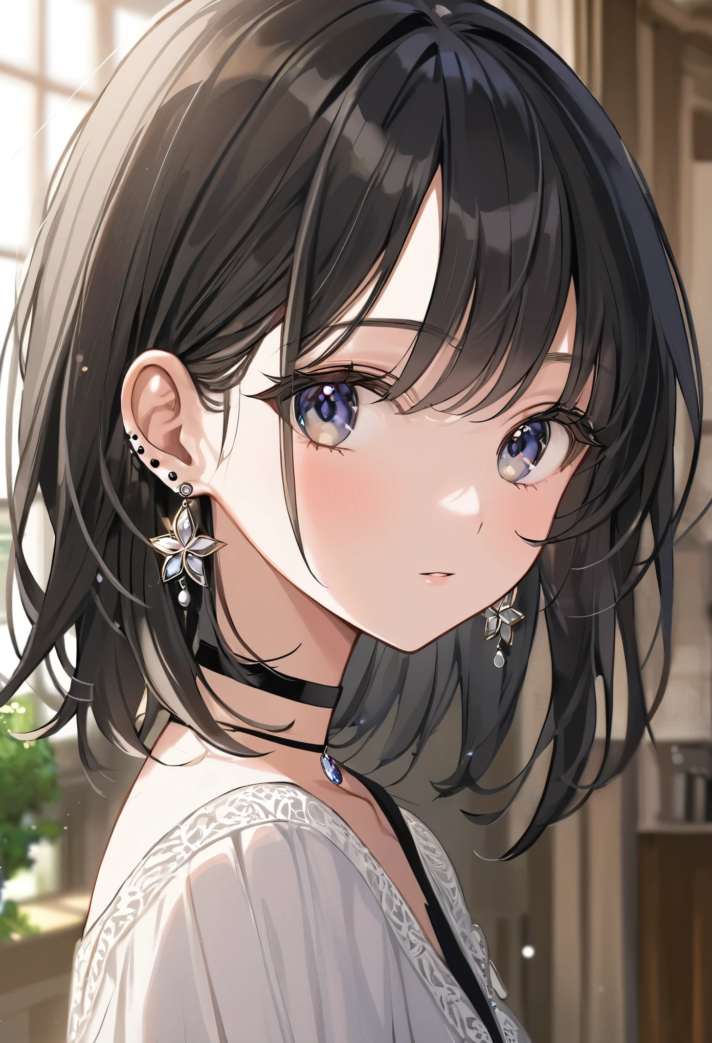 best quality, super_delicate, ultra detailed, beautiful, 8k , 1girl, slender, black hair, earrings, choker, indoor, bright, close up