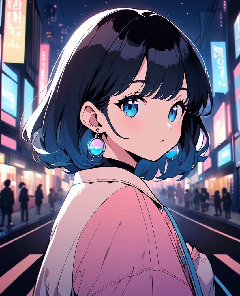 Cute girl retro chill lofi 80s style, with short black hair,blue eyes, 20 years old, earrings, and that it is night in the illuminated city of Tokyo, side look