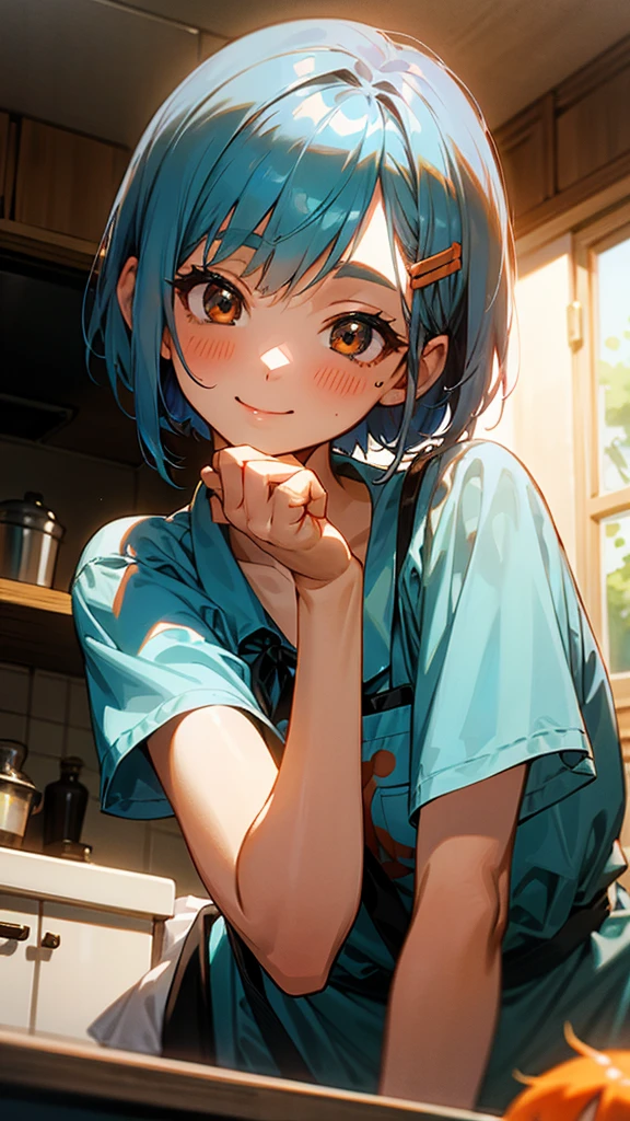 1 girl、Anime Images、kitchen、Delicious food、shrimp、Shiny light blue hair、Short Bob Hairstyles、Tie your hair with an orange hair clip、Beautiful brown eyes、smile、Upper body close-up、Sharp contours、Background Blur、Written boundary depth