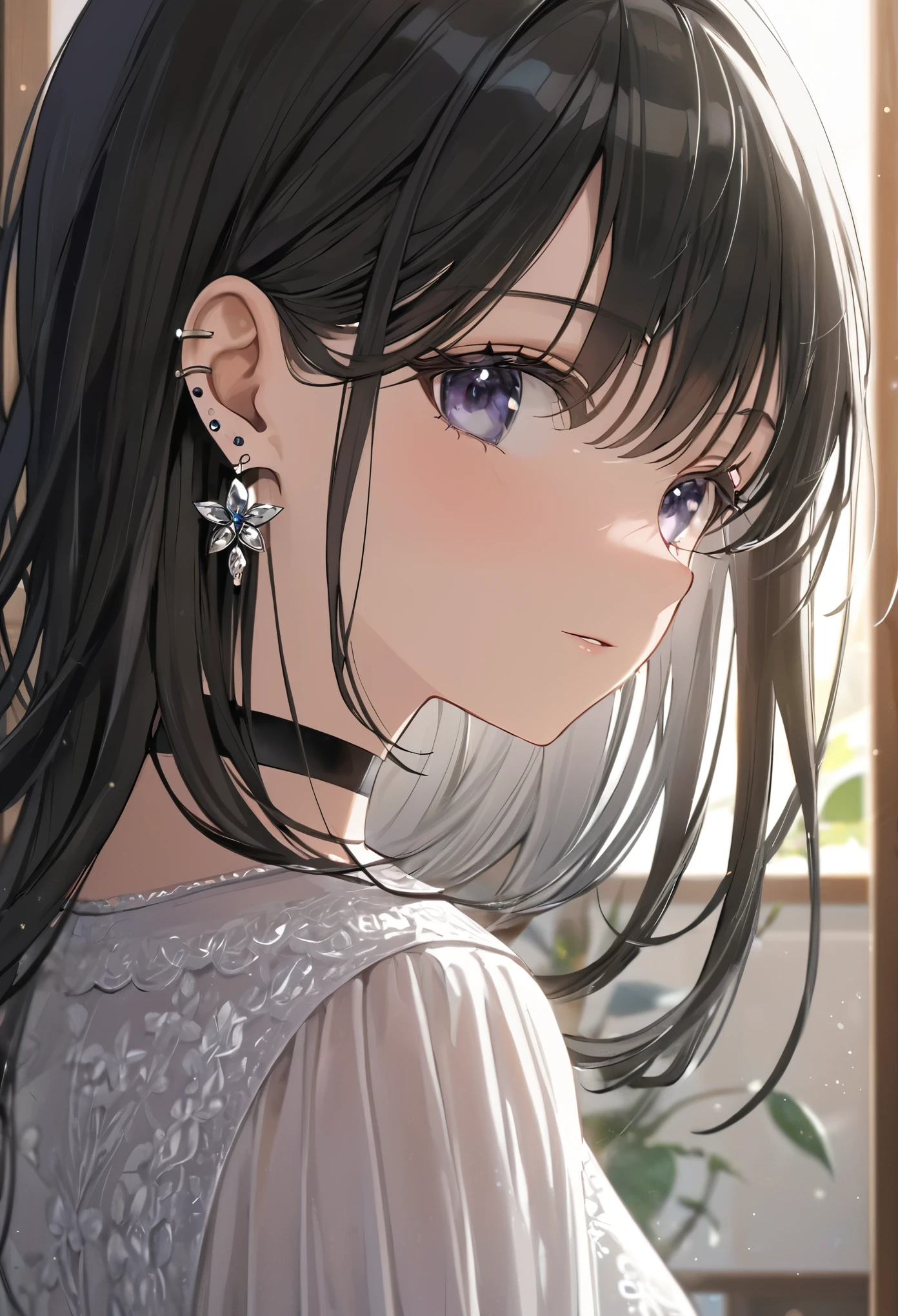 best quality, super_delicate, ultra detailed, beautiful, 8k , 1girl, slender, black hair, earrings, choker, indoor, bright, close up