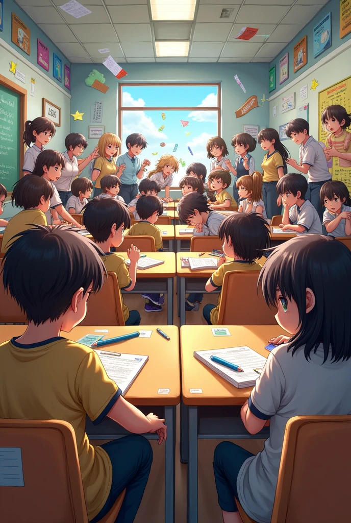 Make a image in of the classroom in which ther are girls and boys and 8 boy's siiting on the last 2 benches and enjoying all the movement at last bench wher ther are enjoying