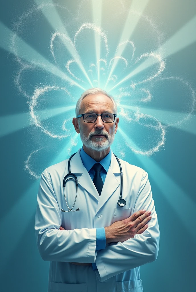 The image of a psychiatrist, symbolizing mental health and care. Surround with subtle abstract patterns, such as waves or spirals, to represent healing. Include soft rays of light to increase the feeling of calm. The general atmosphere should be peaceful and reflective, honoring the work of psychiatrists with a representation that symbolizes care.