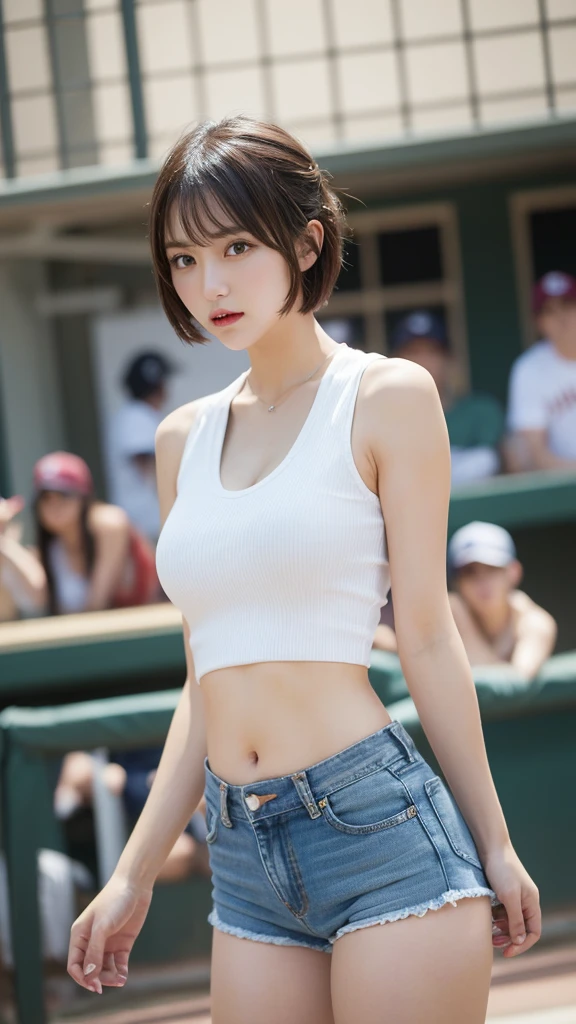 Tabletop, Highest quality, figure, Very detailed, In detail, High resolution, 8k wallpaper, Perfect dynamic composition, Beautiful attention to detail, Natural Lip, White tank top, Big Breasts, Cleavage, whole body, Belly button, Random sexy poses,Denim shorts、Watching baseball、(((Short Hair)))
