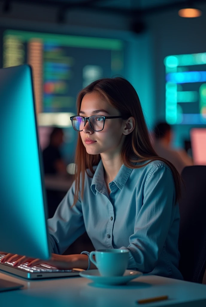 A  girl working in a company as a data operator