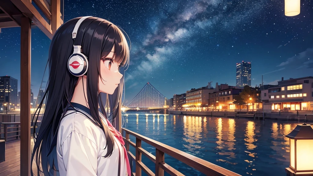 Enjoy boat racing at Suminoe Boat Races。A young girl with black hair wearing stylish clothes and headphones labeled "lo-fi" The girl is shown in profile, gazing into the distance with a calm, relaxed expression Background depicts the iconic scenery of Namba, Osaka at night, without any text on signs A starry night sky adding to the peaceful atmosphere Overall mood is quiet and serene, perfect for lo-fi music Detailed hair rendering and careful attention to the girl's fashionable outfit The entire scene should evoke a relaxing, introspective feeling associated with lo-fi music