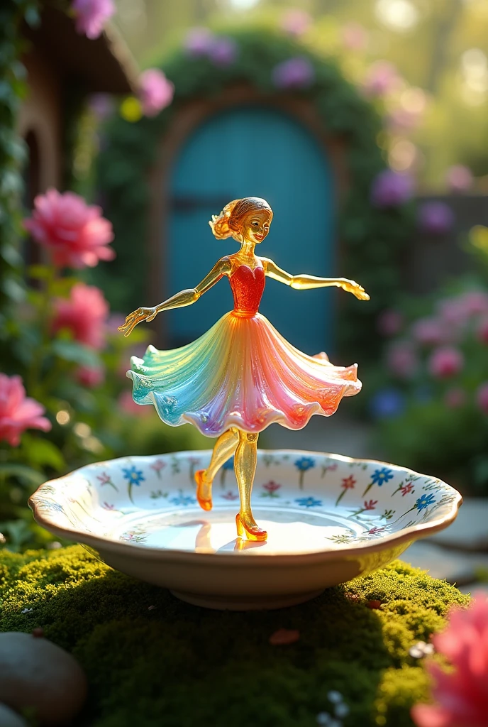 A delicate miniature girl -like figure,fashioned from colourful glass, twirling on an intricately painted porcelain plate,set in a quaint, fairy -tale garden with vibrant flowers and ivy- covered walls.the plate's ornate designs add a touch of elegance, while the garden blooms in a riot of colours,illuminated soft,dappled sunlight.The figure's pose exudes grace and enchantment, with reflections of light playing off the glass to create a mesmerizing effect.created using : fairy -tale aesthetics, close -up photography, vibrant colour palette, soft focus, detailed craftsmanship,hd quality, natural look -- ar 16:9--