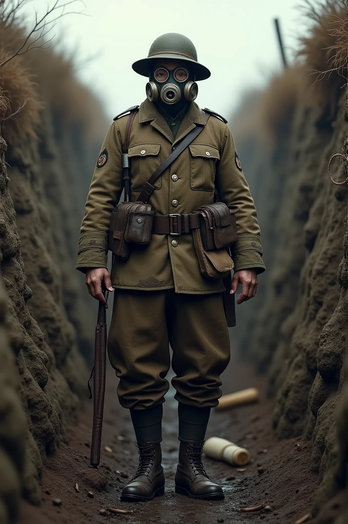 Create a realistic image of a British soldier with a gas mask in trenches of world war 1