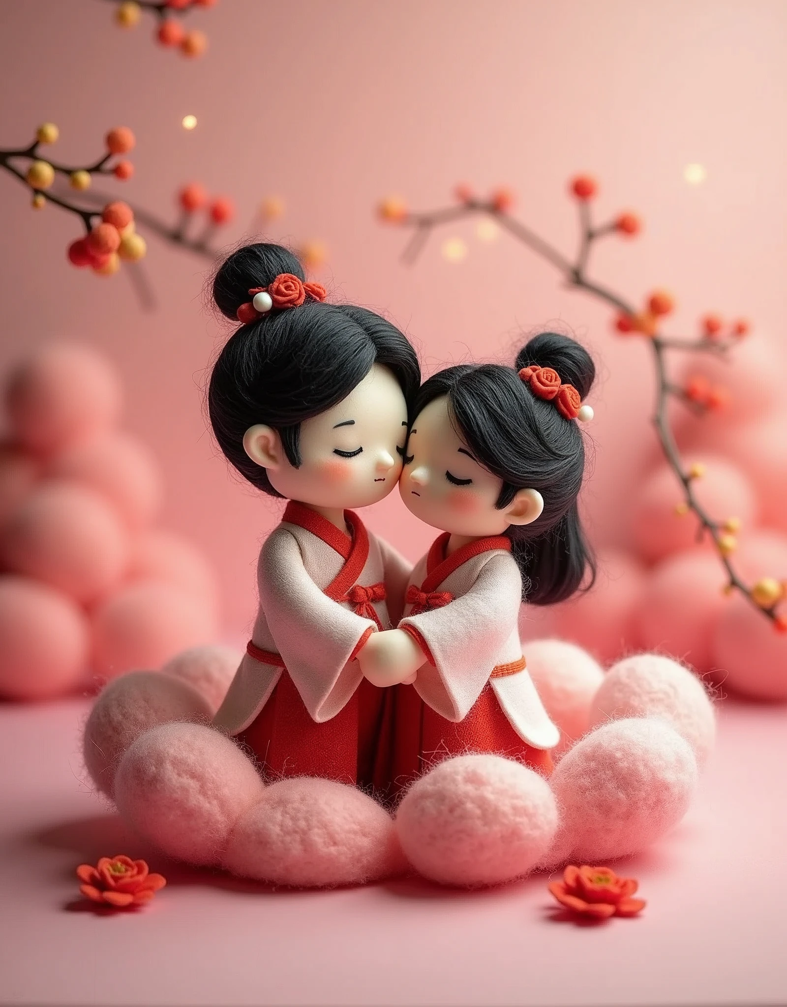 Wool felt style,Surreal space,abstract,Qixi Festival,Ancient Chinese Mythology,by Amigurumi,New three-dimensional ancient style,Young men and young women wearing Hanfu,Snuggle together,Soft love between the two of us,Fluffy clouds,Flowers,Love,Aesthetic filters,Pink picture,Girl's Heart,Beautiful pictures,Sense of atmosphere,Warmth,Pink background