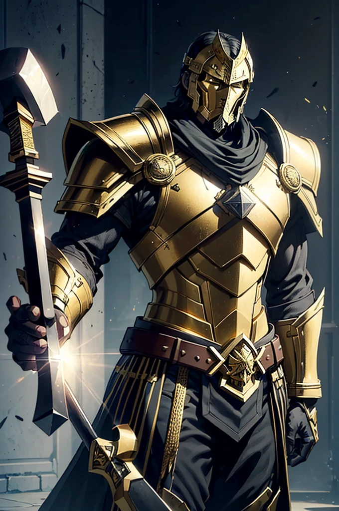 (((Artwork, best quality), 1 men, standing alone, slightly older looking, strong with gold and black armor, using a war hammer in his right hand