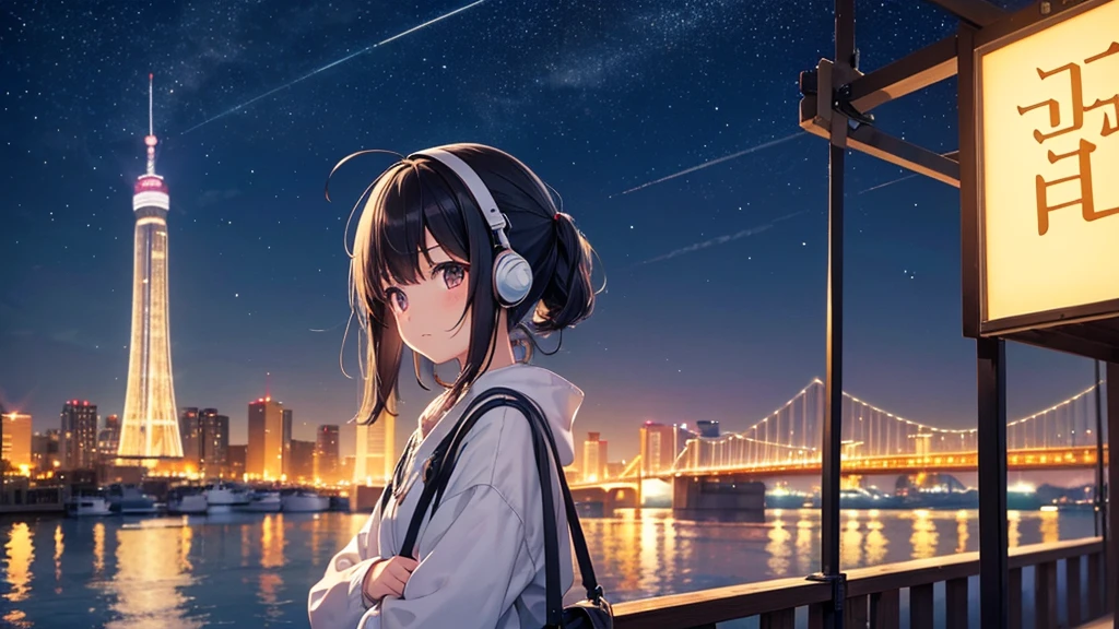 Enjoy boat racing at Suminoe Boat Races。A young girl with black hair wearing stylish clothes and headphones labeled "lo-fi" The girl is shown in profile, gazing into the distance with a calm, relaxed expression Background depicts the iconic scenery of Namba, Osaka at night, without any text on signs A starry night sky adding to the peaceful atmosphere Overall mood is quiet and serene, perfect for lo-fi music Detailed hair rendering and careful attention to the girl's fashionable outfit The entire scene should evoke a relaxing, introspective feeling associated with lo-fi music