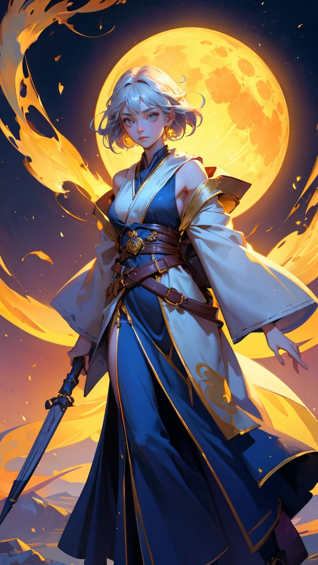 Generate a scene with a mystical, moonlit background where a beautiful, cute girl is standing in the same pose and attire as the original character. The background, including the large glowing yellow moon and scattered coins, should remain exactly the same. Replace the original character with a girl who has similar mystical and adventurous attire, including the goggles, flowing robe, and accessories. Ensure her expression and pose match the theme of wisdom and mystique. The golden elements and overall color scheme should be preserved to maintain the original atmosphere of the image.