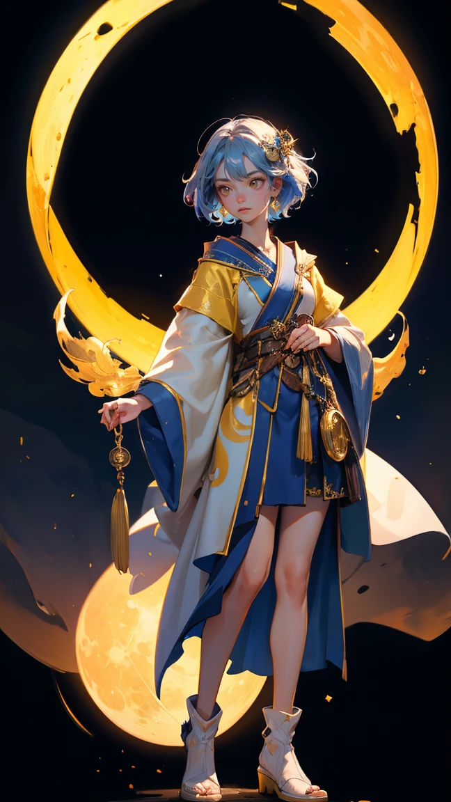 Generate a scene with a mystical, moonlit background where a beautiful, cute girl is standing in the same pose and attire as the original character. The background, including the large glowing yellow moon and scattered coins, should remain exactly the same. Replace the original character with a girl who has similar mystical and adventurous attire, including the goggles, flowing robe, and accessories. Ensure her expression and pose match the theme of wisdom and mystique. The golden elements and overall color scheme should be preserved to maintain the original atmosphere of the image.