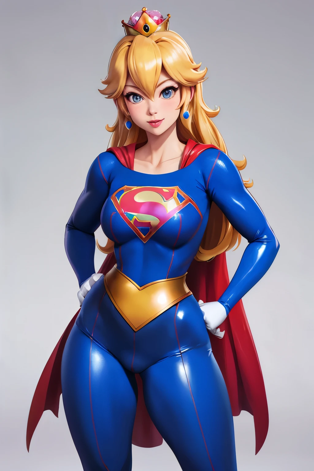 ((Melhor qualidade, best resolution, absurdo, obra-prima, ultra-detalhado,nsfw)) 1girl, Mulher americana bonita cabelo longo loira, 23 anos, corpo ampulheta,huge breasts, corpo definido , vestindo lingerie de renda:1.6 (( calcinha fio-dental e meia 7/8 cosplay de Supergirl)),nsfw