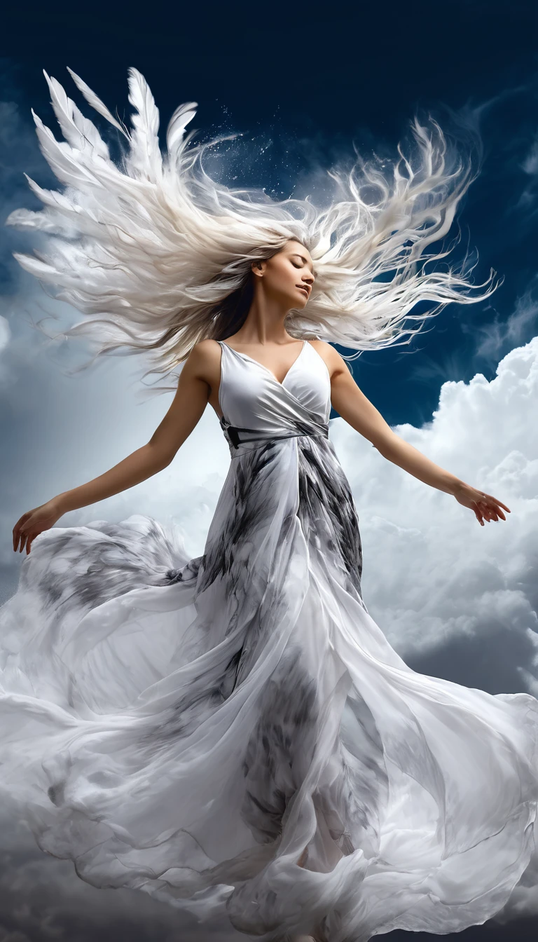 photografic 16k, portrait cadrage integral,create an exquisite ink painting of a beautiful wind sourceror and dancer with long white hair turning into clouds that dissipate into the background, long eyelashes, with feathered wings dissipating into the clouds and mid-spin in a flowing dress made of clouds dissipating into the background, hands blocked by soft clouds, splashes of silver watercolors for highlights, cinematic, painting, 3d render, photo, poster, evoking a surreal etheric beautiful angel, a feeling of protection and exquisite peace, cinematic, photo with canon eos 5d mark iv, cinematic, realistic, black background, photo fusion, sfx photo, animé, cinematique, walking bottom view
