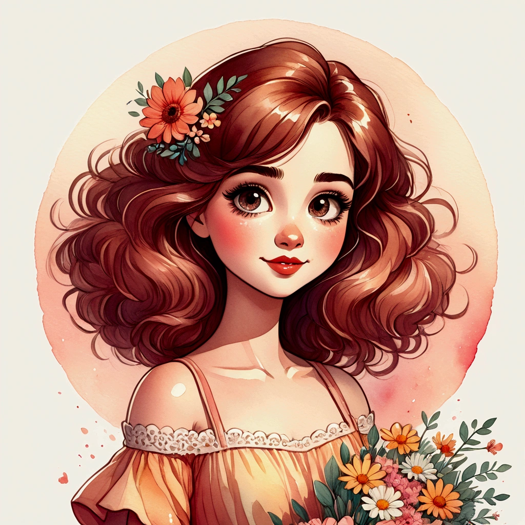 A watercolor illustration of a cartoon girl with a bouquet of flowers in her hand, Detailed and cute digital art, cartoon style illustration, beautiful retro art, Cartoon art style, beautiful digital illustration, in digital illustration style, cute art style, Disney art style, cute digital art, cartoon art style, cute detailed art, digital cartoon painting art, stunning art style, Disney art style, cute cartoon style