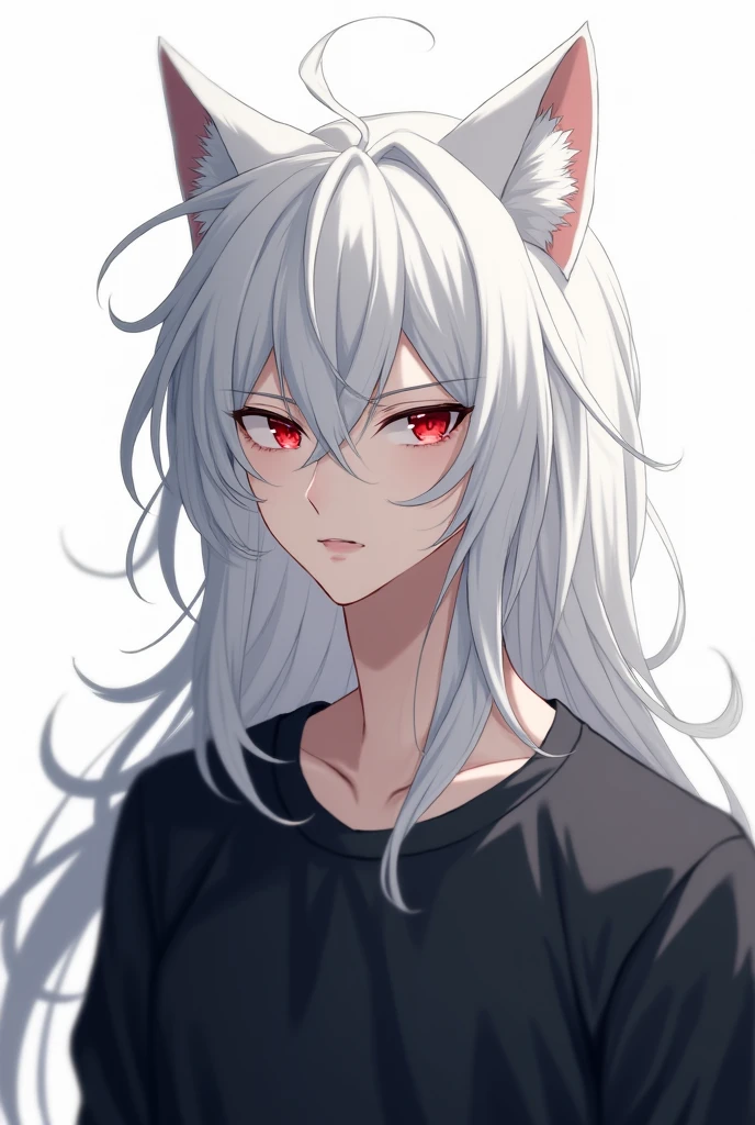 anime character drawing white haired man with red eyes wolf ears, black sweatshirt half body white background front 