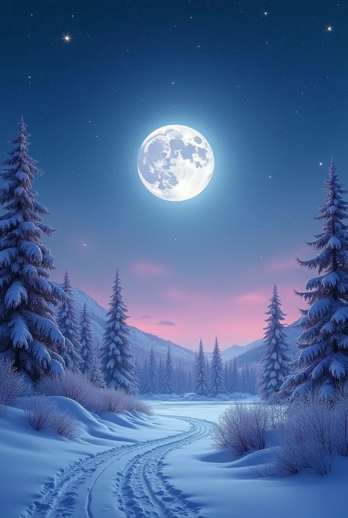 generates an image of a winter landscape at night with a bright moon and lots of stars with pink and light blue hues
