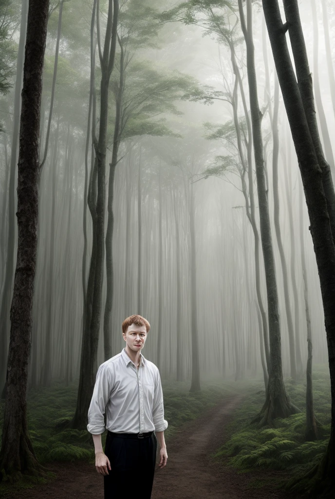 Model-like white man、The background is a forest、In the morning mist