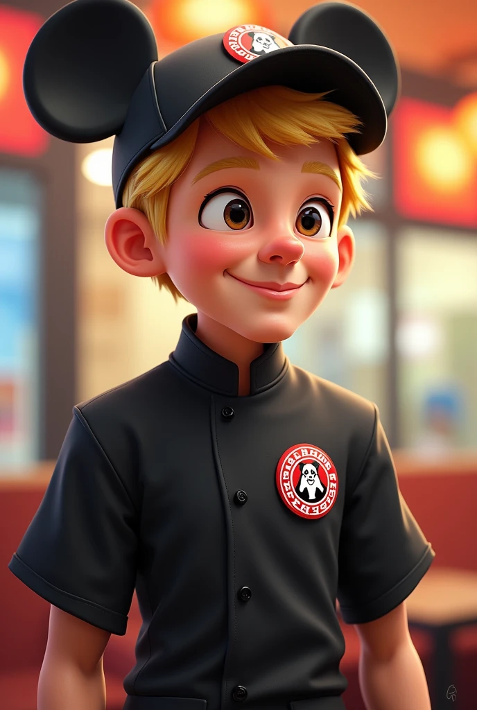 Disney character. A blond man wearing a black Panda Express uniform and a black cap