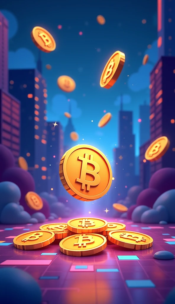 Create a background for a game panel featuring a few Bitcoins dropping down in a fun, cartoonish illustration style. The scene should be playful and visually appealing, with a vibrant, eye-catching color palette. Use a combination of bright and contrasting colors like deep blues, purples, or neon shades to make the gold Bitcoins pop against the background. Incorporate subtle digital or abstract elements, such as grids or circuits, to add a modern, tech-inspired feel. Keep the quantity of Bitcoins moderate, ensuring they don't overwhelm the scene. Add subtle motion blur or glow effects around the Bitcoins to emphasize their movement, while maintaining a balanced and harmonious composition.