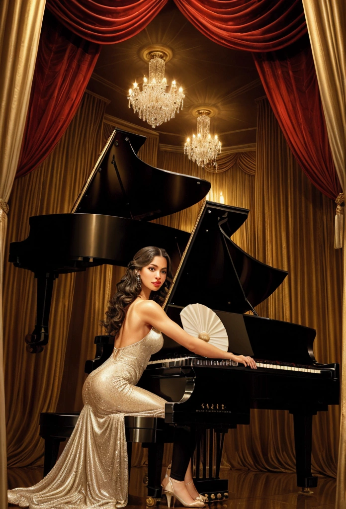 A poised pianist with lovely hair, beautiful hands gliding gracefully over the ebony and ivory keys of a gleaming Steinway grand piano. Candlelit art deco restaurant, crystal chandeliers casting warm light on velvet curtains. Hyper-realistic oil painting style, capturing every reflection and texture in precise detail.