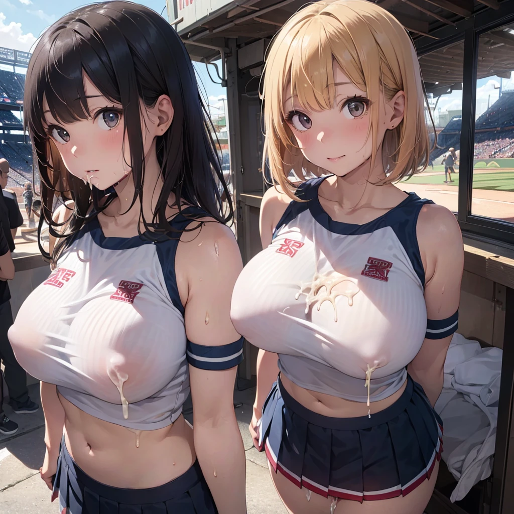 2lady(different hair style), ((ultra-quality)), (Bukkake:1.5), (side view), (profile), (from side), (side colossal tit:1.6), (in 8K), (arms behind back:1.5), (arms are down), ultla highres, Hyper Detailed, High contrast, Ultrafine Strike, creative refinement, absurdres, Realistic, extremely detailed CG unified 8k wallpaper, Highly detailed, High-definition raw color photos, professional photograpy, Realistic portrait, Cinematic Light, Beautiful detailed, 28 years old woman, (realistic skin:1.3), (shiny skin), (Best Quality:1.4), Super Detail, High quality, master piece, lifelike, (After SEX), Bukkake, Perfect face, (cum on chest:1.5), (Bukkake:1.5), (covered by lot of cum:1.3), (Sharp Focus), (upper body), (close up), Delicate Beautiful Hair and Eyes and Face, Delicate eyes, radiant eyes, Lifelike, Hyper-detailing, (cheerleader uniform:1.3), (bare shoulder), (covered breasts), (mini skirt), (Sheer areola), (colossal breasts:1.6), (big breasts:1.5), (Beautiful breasts:1.5), (smooth stomach), (covered nipples:1.4), (arms behind back:1.3), Beautiful cute woman, camel-toe details, (SFW), wet clothes, pale black eyes, (bob cut), (medium hair), (long bangs), (baseball stadium)