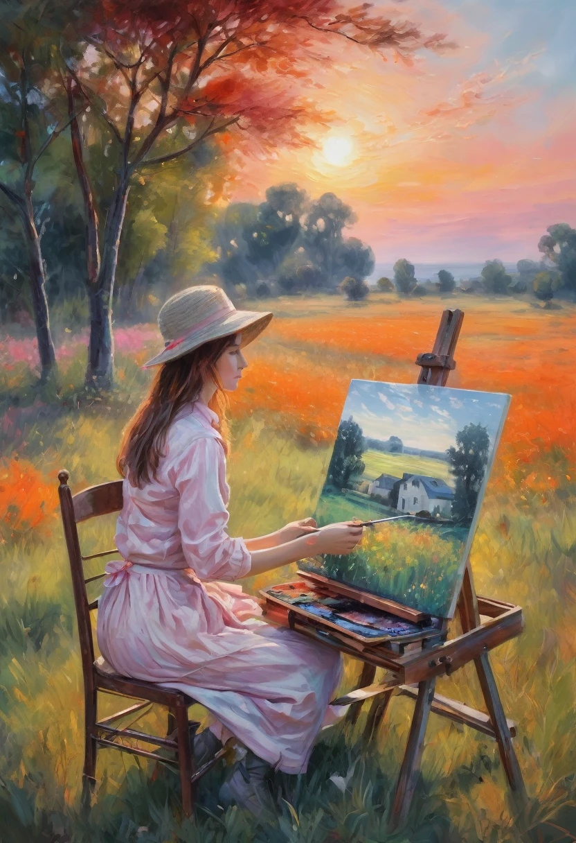 (Claude Monet Style:1.3), The image depicts a tranquil landscape following the principles of the Impressionist era, A metallic cyborg sits in a chair on a softly lit lawn, Holding an easel, Concentrate on capturing the beauty of the sunset, The sky is painted with brilliant colors, orange color, Swirls of pink and red depict the fleeting moments typical of nature, This is a hallmark of the Impressionist movement, Woman wearing comfortable clothing,Hands busy painting a landscape with bright watercolor pens on a canvas,Represents from the elements