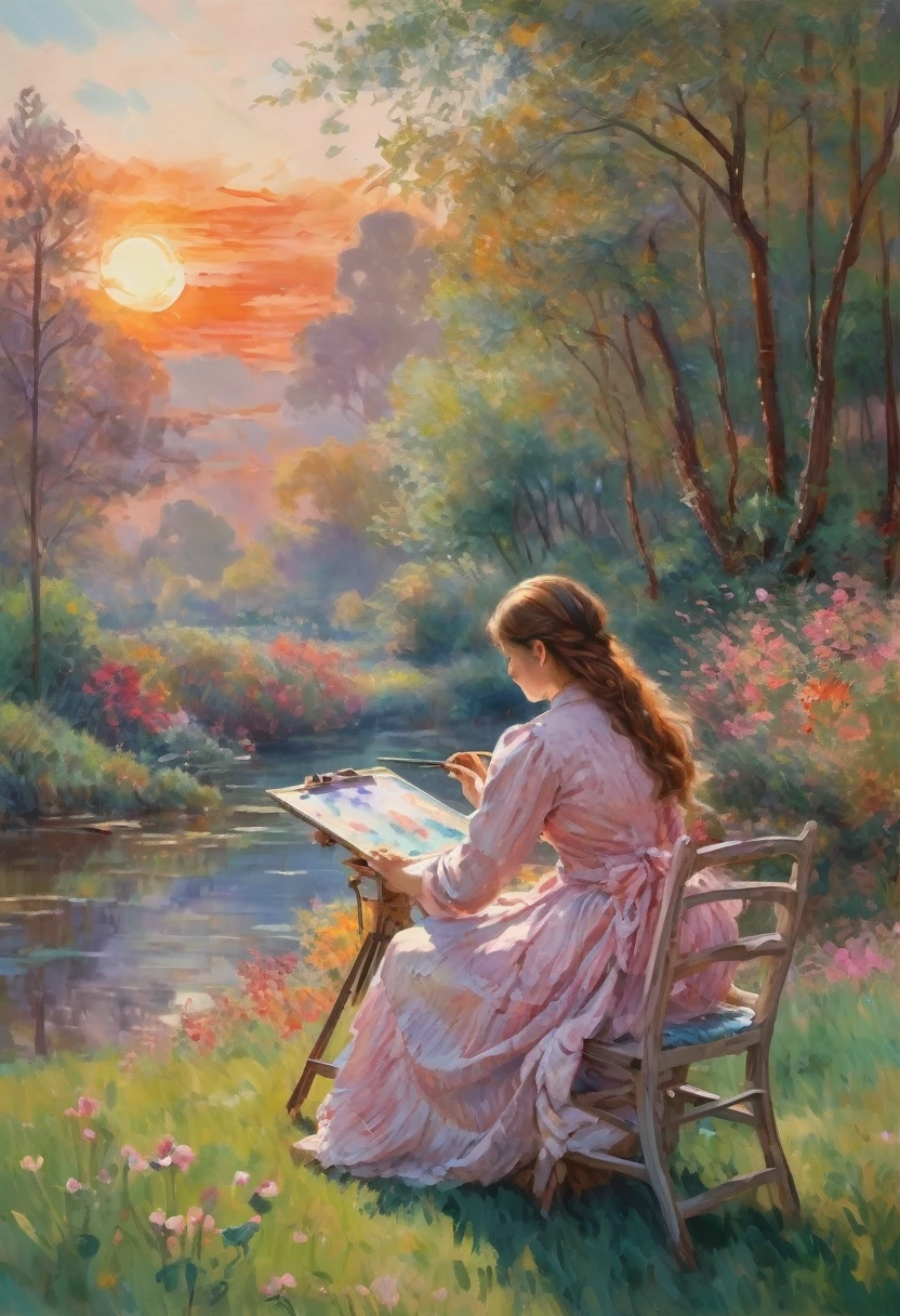 (Claude Monet Style:1.3), The image depicts a tranquil landscape following the principles of the Impressionist era, A metallic cyborg sits in a chair on a softly lit lawn, Holding an easel, Concentrate on capturing the beauty of the sunset, The sky is painted with brilliant colors, orange color, Swirls of pink and red depict the fleeting moments typical of nature, This is a hallmark of the Impressionist movement, Woman wearing comfortable clothing,Hands busy painting a landscape with bright watercolor pens on a canvas,Represents from the elements