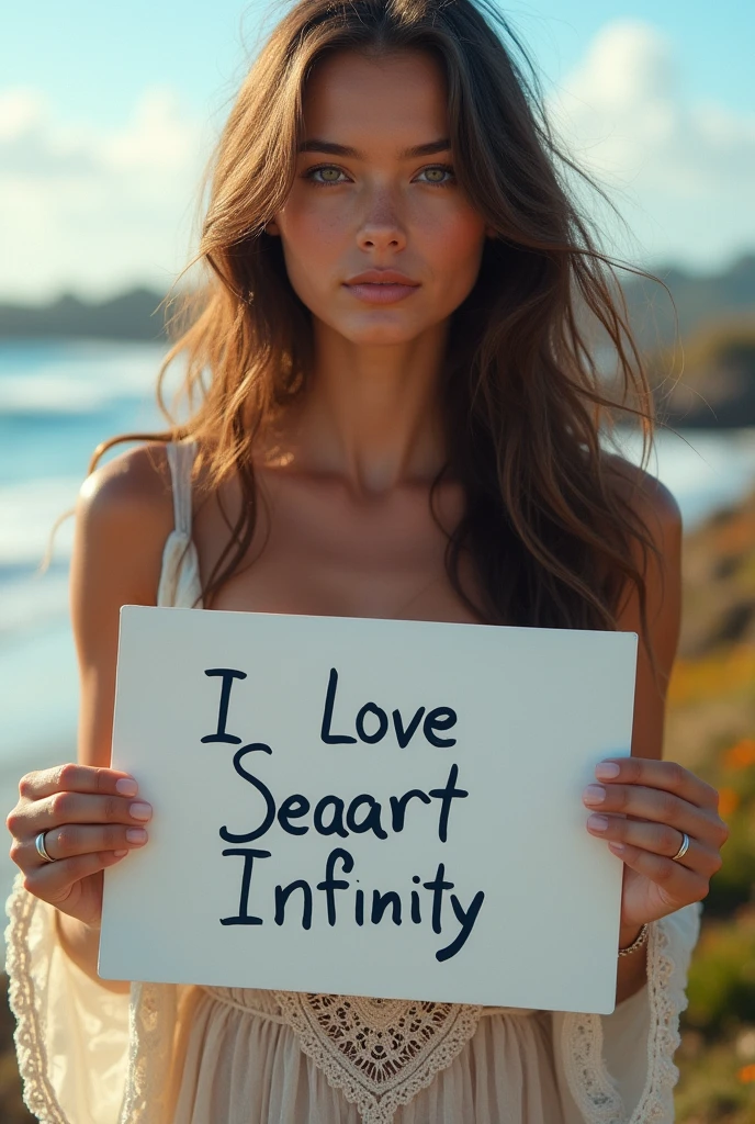 Beautiful girl with wavy long hair, bohemian dress, holding a white board with text "I Love Seaart Infinity" and showing it to the viewer