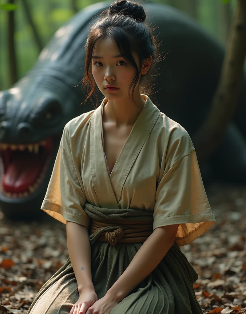 Highest quality、masterpiece、 (Original photo、Professional photography、photoRealistic、Realistic:1.3)、, High-definition CG、16K unified wallpaper、(Best aesthetics、Natural light:1.1)、Ultra-high resolution、(Correct Anatomy)、Cowboy Shot、A young and beautiful Japanese woman、seiza、Put your arms behind your back、The whole body is bound with a rope:1.6、Single bun hairstyle、Ideal body type、Big Breasts、Tight waist、Detailed thighs、Elaborate and detailed faces、Detailed eyes、Detailed nose、Beautiful Lips、Big Breasts、Sit on the ground、shabby_Short sleeve kimono、Deep in the forest、In front of the company、In the background, a dark red, slimy worm is opening its mouth towards her.