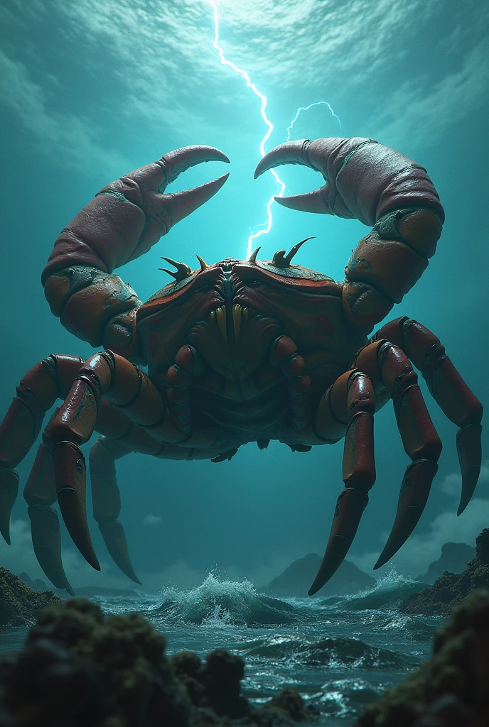 The crab is the main character, and the place where the cat elements are added is the sea. Make it really big, make it really big. Make it look really strong. Lightning effect. Make it look like it has a lot of arms, like it's going to kill someone.