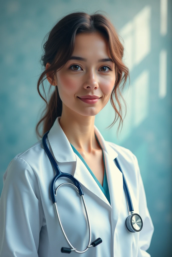 The image of a female psychiatrist doctor, symbolizing mental health and care. Surround with subtle abstract patterns, such as waves or spirals, to represent healing. Include soft rays of light to increase the feeling of calm. The general atmosphere should be peaceful and reflective, honoring the work of psychiatrists with a representation that symbolizes care.