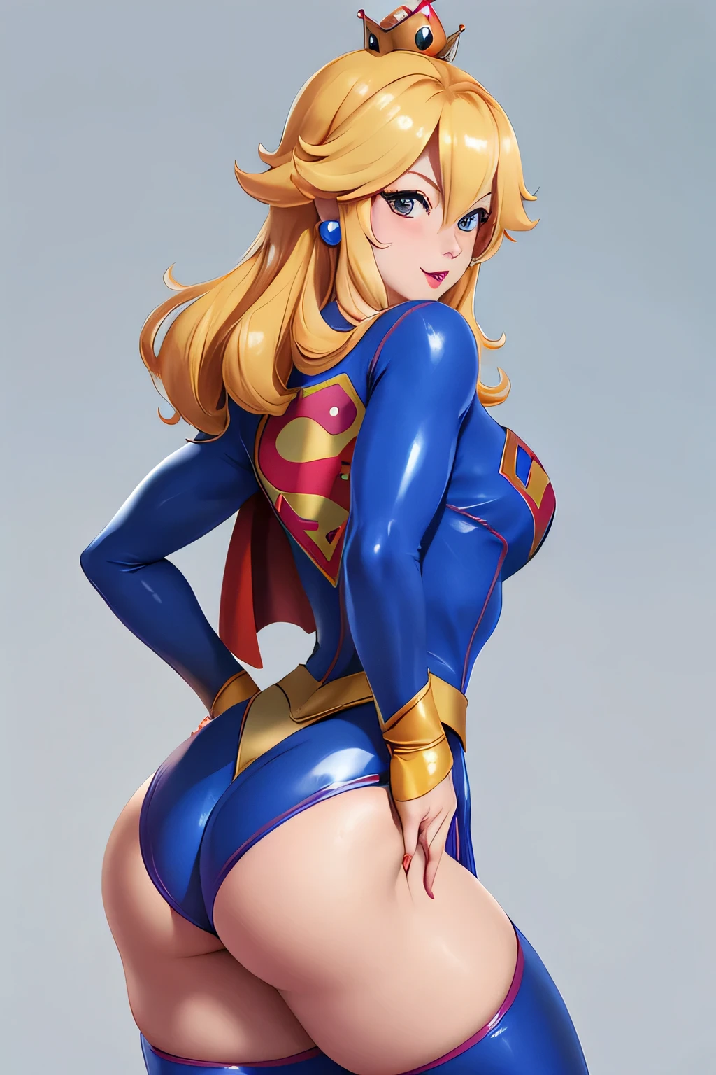 Mario princess peach, blue latex supergirl uniform, perfect body, slim waist, wide hips, sexy pose, perfect ass,