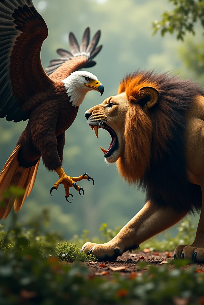 Philippine Eagle alongside Lion roaring 
