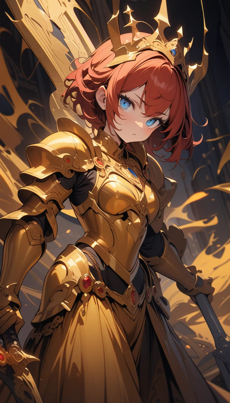 ((best quality)) , ((masterpiece)) , (detailed),A cartoon character, red hair and blue eyes, wearing a costume of gold armor, holding a sword or spear, with a dramatic background, orange-yellow colors, and an abstract style.
