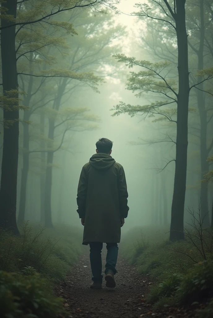Model-like man、The background is a forest、In the morning mist