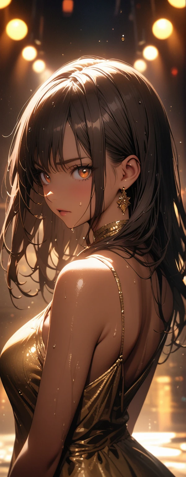 Straight Hair、Brown Hair,((Highly detailed golden sexy dress)), Looks about , (beautiful girl: 1.3),1girl,Highest quality,8k,Highly detailed CG unit wallpaper,masterpiece:1.2,Highest quality,Ultra-high resolution,RAW Photos,Realistic textured skin,Cinema Lighting,Serious face,Big Eyes,Detailed eyes,Wet,Wet,Watery eyes,weak,Huge building,Metropolis,vapor,big, ((big, round buttocks)),Detailed ass,Large Breasts,Lounge at night,Cyber Pink Background,(Brown Skin:1.8),Beautiful glossy lipstick、Perfect Makeup、Ultra-high definition beauty face、Shining Bracelet、Beautiful earrings