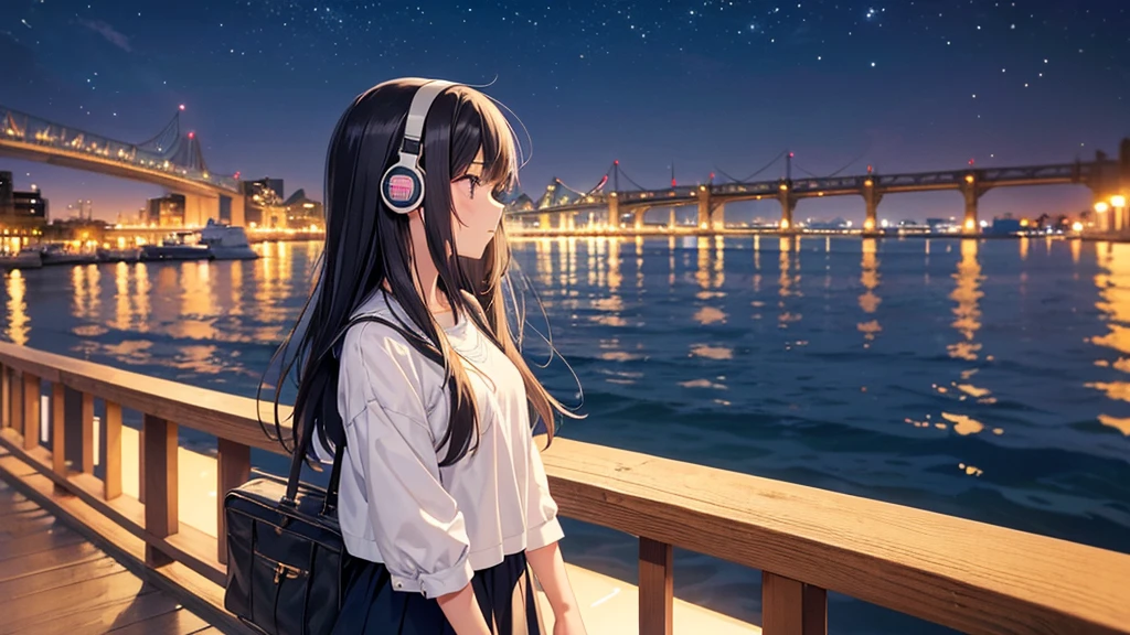 Enjoy boat racing at Suminoe Boat Races。A young girl with black hair wearing stylish clothes and headphones labeled "lo-fi" The girl is shown in profile, gazing into the distance with a calm, relaxed expression Background depicts the iconic scenery of Namba, Osaka at night, without any text on signs A starry night sky adding to the peaceful atmosphere Overall mood is quiet and serene, perfect for lo-fi music Detailed hair rendering and careful attention to the girl's fashionable outfit The entire scene should evoke a relaxing, introspective feeling associated with lo-fi music