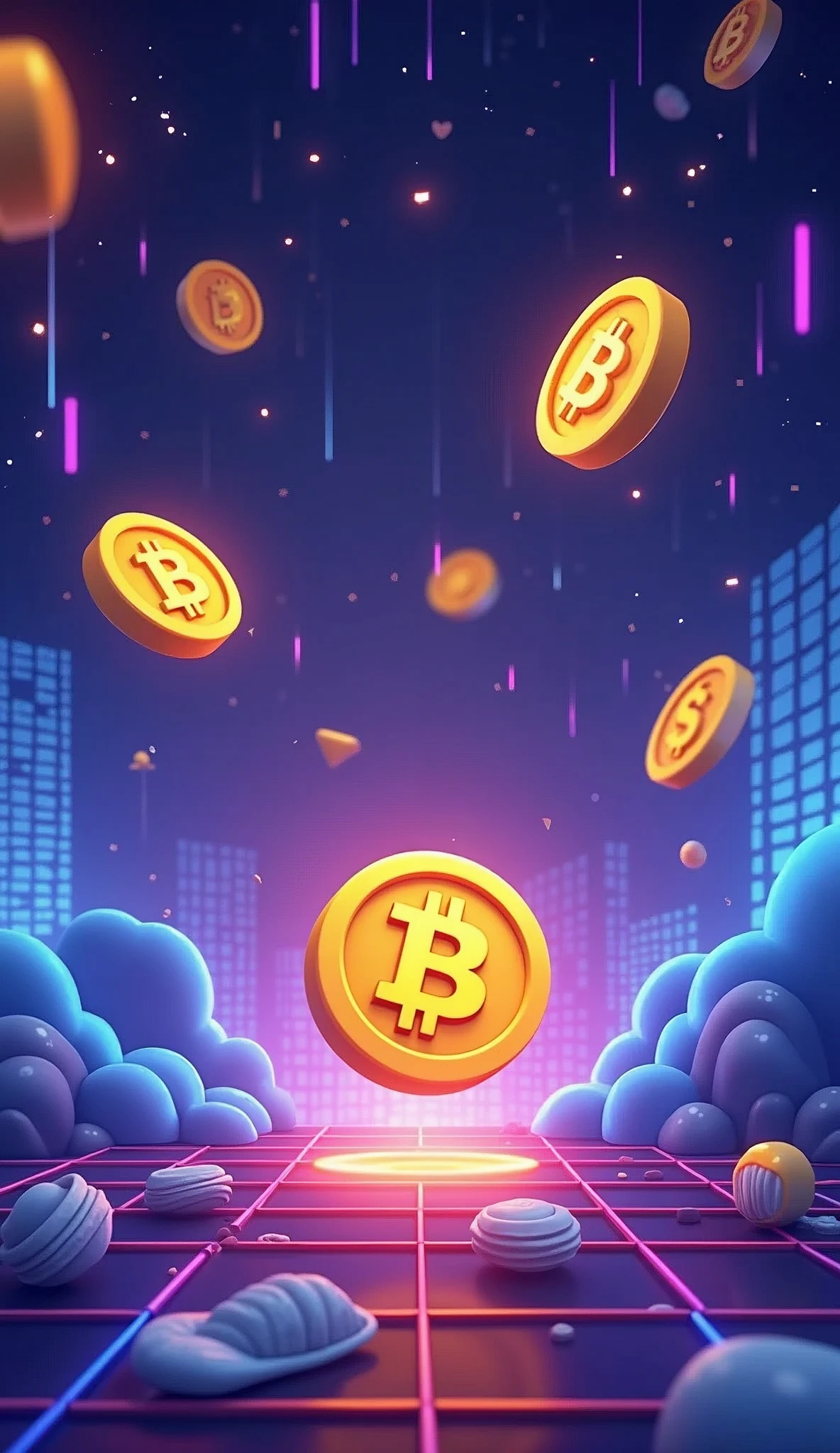 Create a background for a game panel featuring a few Bitcoins dropping down in a fun, cartoonish illustration style. The scene should be playful and visually appealing, with a vibrant, eye-catching color palette. Use a combination of bright and contrasting colors like deep blues, purples, or neon shades to make the gold Bitcoins pop against the background. Incorporate subtle digital or abstract elements, such as grids or circuits, to add a modern, tech-inspired feel. Keep the quantity of Bitcoins moderate, ensuring they don't overwhelm the scene. Add subtle motion blur or glow effects around the Bitcoins to emphasize their movement, while maintaining a balanced and harmonious composition.