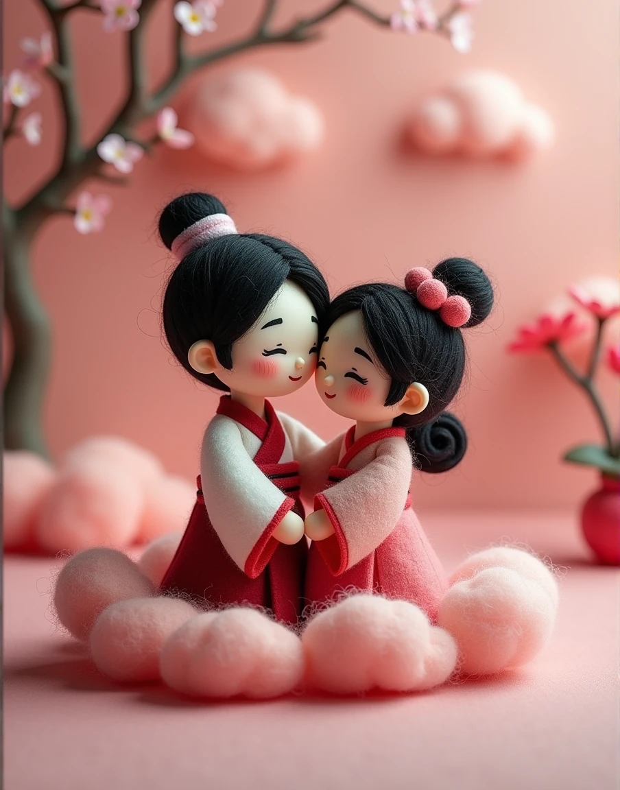 Wool felt style,Surreal space,abstract,Qixi Festival,Ancient Chinese Mythology,by Amigurumi,New three-dimensional ancient style,Young men and young women wearing Hanfu,Snuggle together,Soft love between the two of us,Fluffy clouds,Flowers,Love,Aesthetic filters,Pink picture,Girl's Heart,Beautiful pictures,Sense of atmosphere,Warmth,Pink background