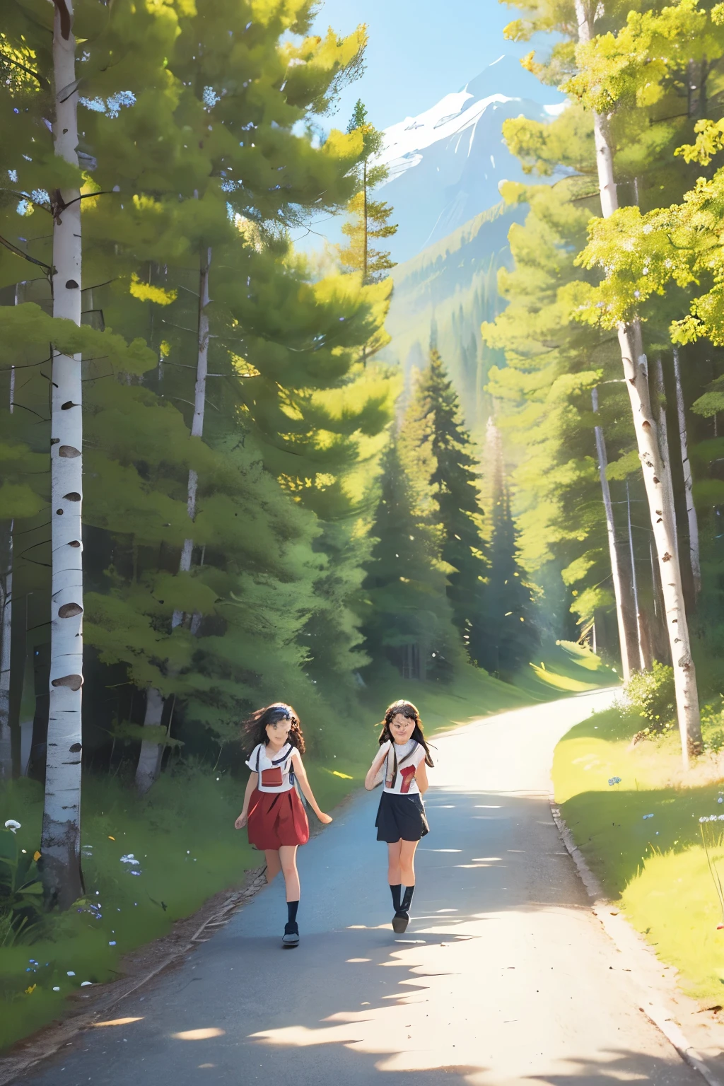 Mountain path, fir trees, birch trees, children playing, flowers, butterflies, flying birds, landscape, birds chirping, sunlight filtering through the trees, soft breeze, lush green foliage, sparkling water reflections, vibrant wildflowers, joyful laughter, carefree children's expressions, dynamic brushstrokes, mountain, harmonious composition.