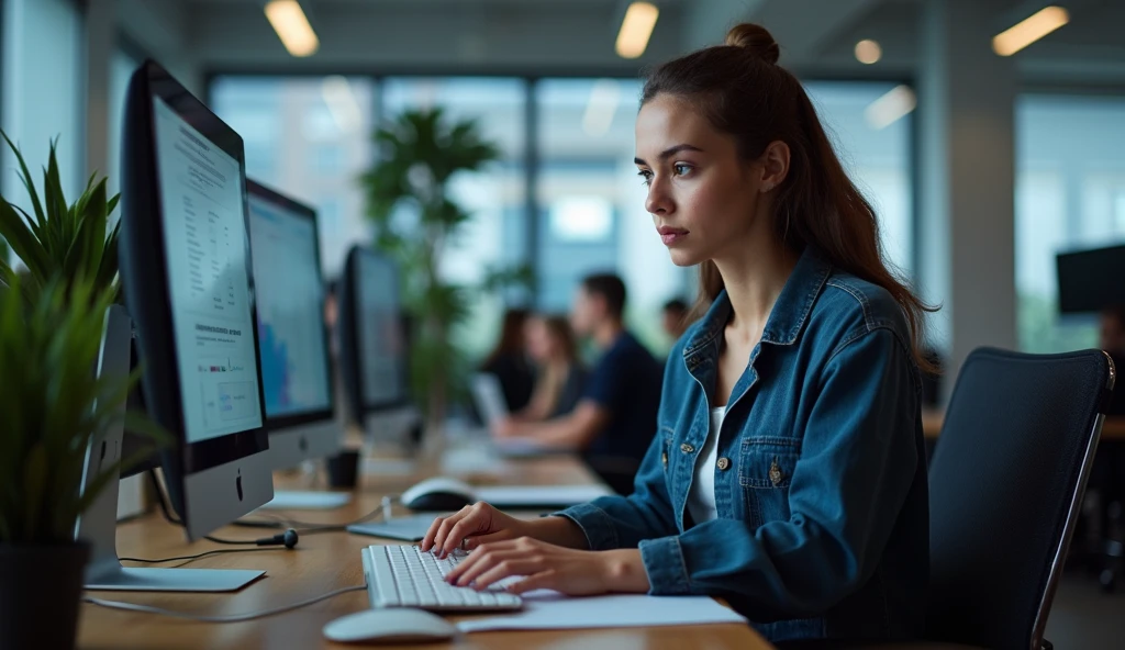 A girl working in a company on computer