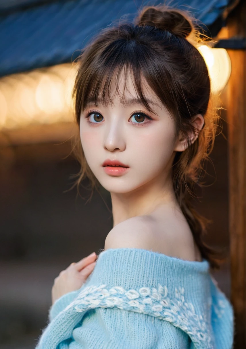 masterpiece, 4K, Bokeh, (cute:1.5), (beautiful girl:1.3), (Japanese Idols:1.6), , (Light blue sweater:1.3), (Off the shoulder:1.6), (Round and big eyes:1.5), (Beautiful skin:1.3), Beautiful Bangs, nice,, (Clothing and:1.3),Soft lighting, Charm, Dark Room, (Close your mouth:1.2, Beautiful Eyes, Delicate eyes, Detailed Iris, Beautiful Lips, Beautiful Nose, Pretty face),(primary color:1.5),(Zhou Haoguang:1.3),(Neon Light:1.3)