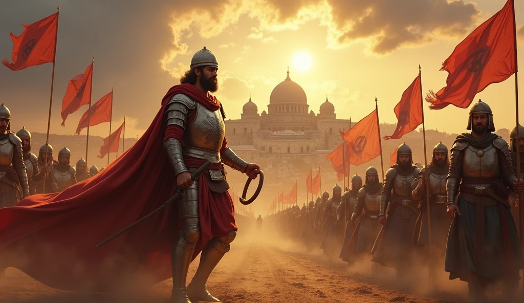 "Imagine an epic cinematic scene depicting the military conquests of King David, as described in the Bible. The image must capture a vibrant and dynamic battlefield, with David in the spotlight, wearing shining armor and holding his famous sling. Ao fundo, the city of Jerusalem stands majestically, symbolizing the unification of the tribes of Israel under his reign. Israelite warriors, with determined expressions, fight bravely against Philistine enemies, while the dust and banners in the wind bring the scene to life. The sky is dramatic, with dark clouds mixing with rays of sun that illuminate the figure of David, suggesting divine protection over their achievements. The atmosphere is one of tension and heroism, capturing the spirit of an era of battles and victories."